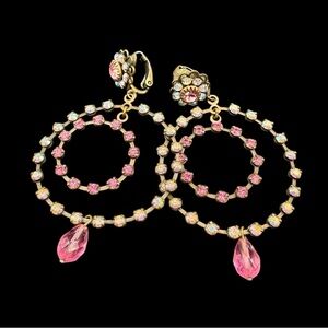 Vintage Liz Palacios Gold-Tone Pink Crystal Hoop Drop Earrings - 2.5”